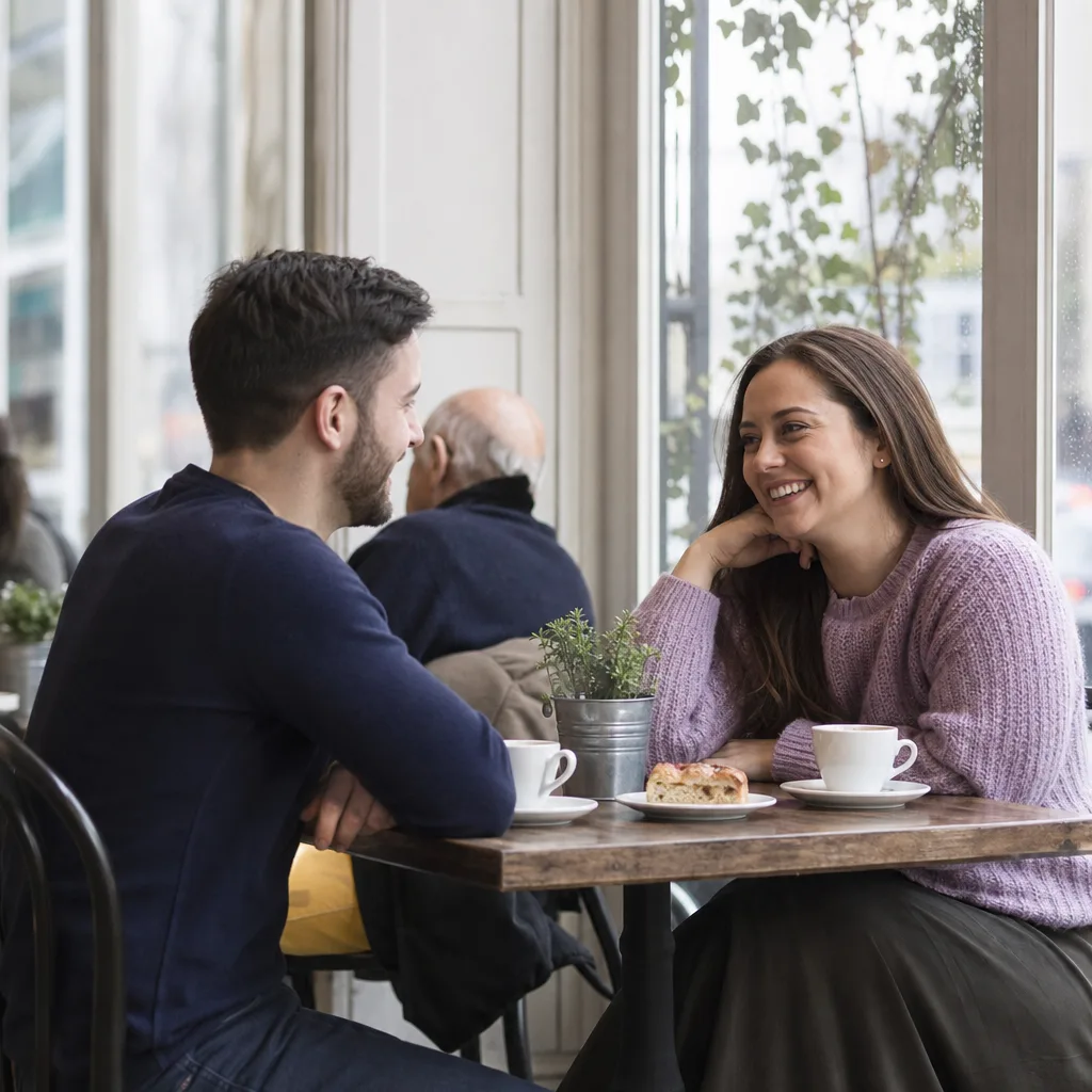 Person writing a local dating profile at a café table