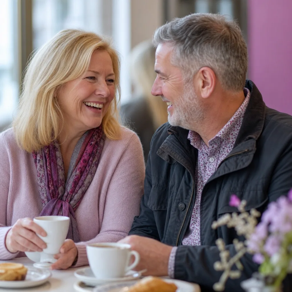Two adults over 50 meeting in a busy Northern Ireland café
