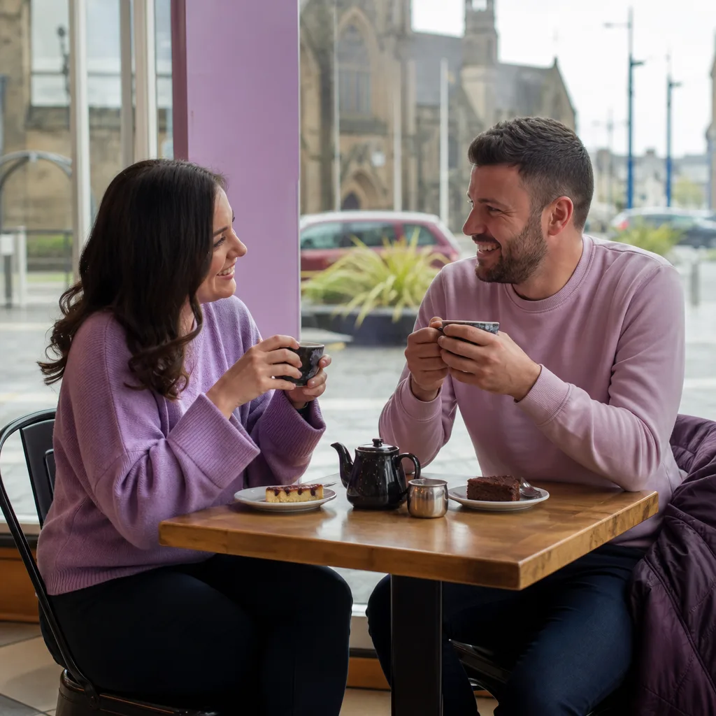 Two adults meeting for a daytime coffee in Armagh