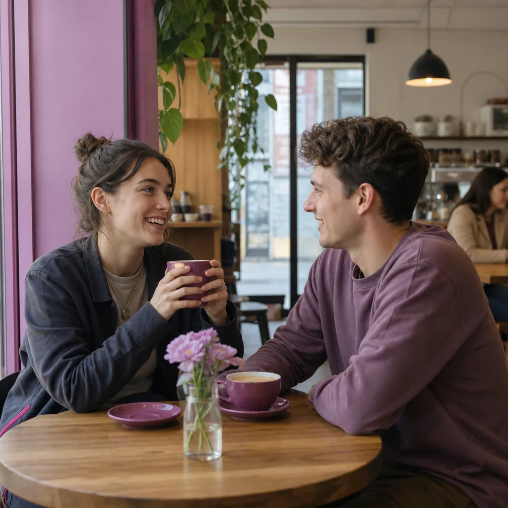 A couple talking over coffee at a relaxed café table in Portadown